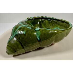 Vintage MCM USA Pottery Seashell Ashtray Dish, Green Drip Glaze Modern Shell